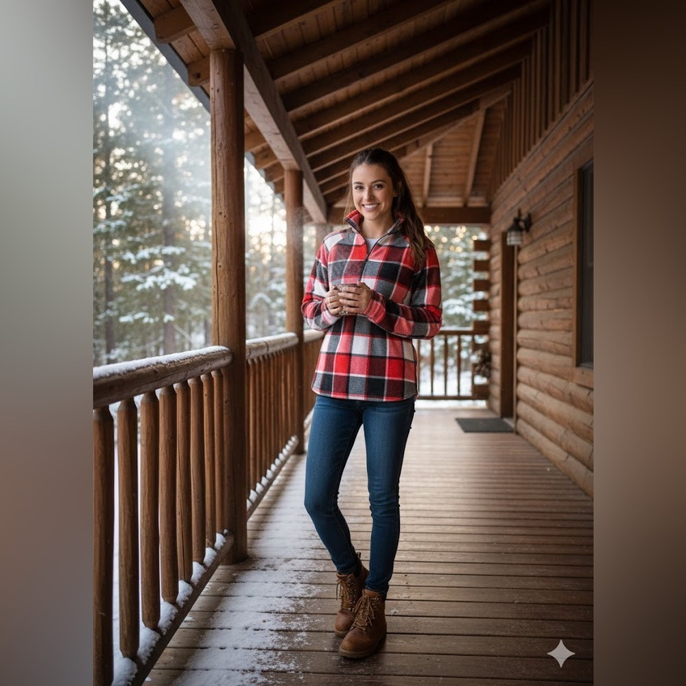 Eddie Bauer Red and Black Plaid Quarter-Zip Pullover - Picture 1 of 7